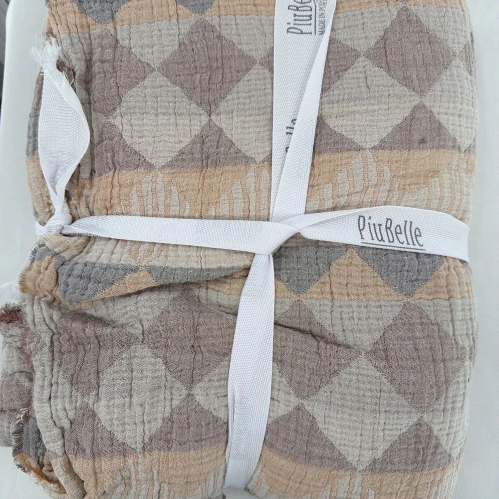 PiuBelle Queen Coverlet Diamond Peach Brown Gray Boho Earthy 100% Cotton